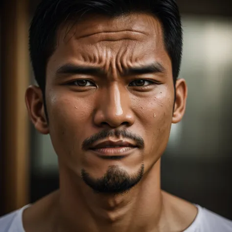 a handsome Indonesian man face expression holding back tears, sweaty face