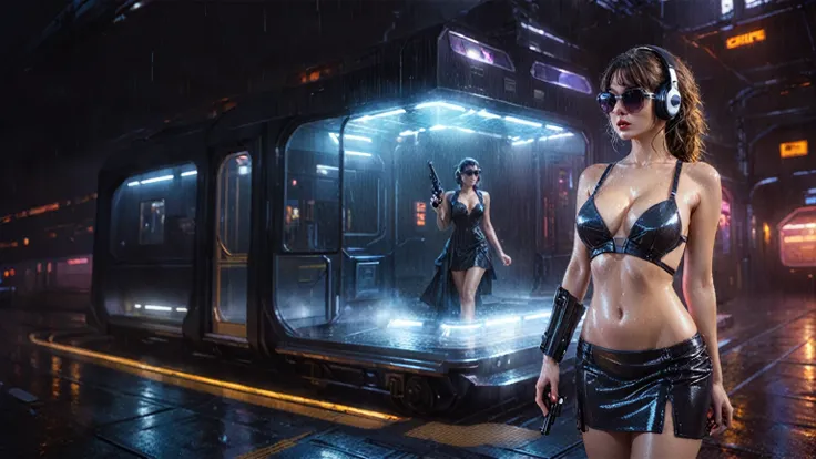 (((aerial view))), Blade Runner style futuristic railway platform, hi-tech train, neon lights, rainy night. (1girl, solo, alone), large-breast:1.2 slim body, cleavage:1.1, sexy wind blowing wet dress:1.4, headphone, (black sunglasses), (((she raised a pist...