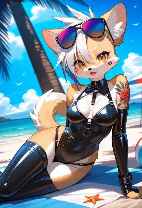 Highest quality, Highest quality, High quality illustrations, masterpiece, Ultra-high resolution, Detailed Background, beach, Absurd, Perfect Anatomy, performance, Good lighting, Shadows in the movies(kemono, Furry Personifi猫ion), latex, neon, neonカラー, cyb...