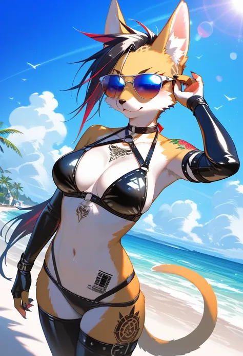 Highest quality, Highest quality, High quality illustrations, masterpiece, Ultra-high resolution, Detailed Background, beach, Absurd, Perfect Anatomy, performance, Good lighting, Shadows in the movies(kemono, Furry Personifi猫ion), latex, neon, neonカラー, cyb...