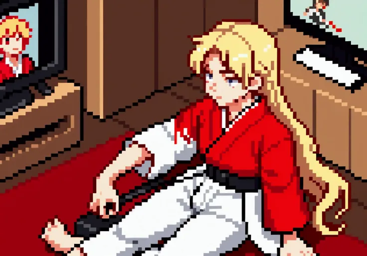 create an image with Ryu brown hair, red band on forehead, white kimono with black belt, Ken, blonde hair long, red kimono and black belt at the waist, playing video game, sitting on the floor of a gym, looking at TV, with controls in hand