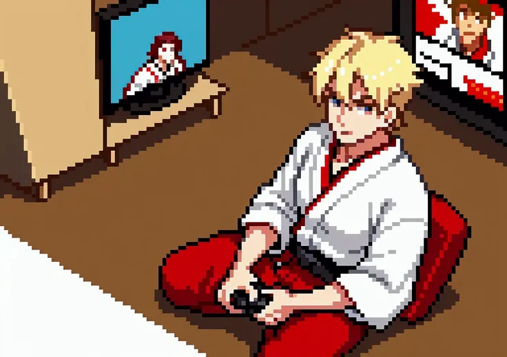 create an image with Ryu brown hair, red band on forehead, white kimono with black belt, Ken, blonde hair long, red kimono and black belt at the waist, playing video game, sitting on the floor of a gym, looking at TV, with controls in hand