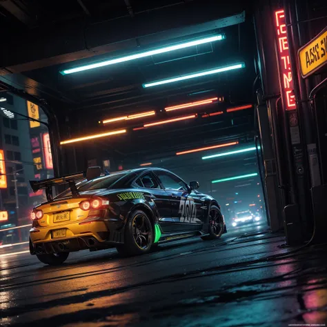 Masterpiece, best quality, Extremely detailed, Beautiful shadows, cyberpunk style, Unity, Wallpaper, Capture the excitement and energy of a car with a fast shutter speed, using bold and vibrant colors to create a dynamic and action, packed fantasy, Insanel...