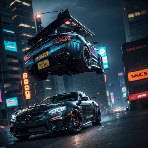 Masterpiece, best quality, Extremely detailed, Beautiful shadows, cyberpunk style, Unity, Wallpaper, Capture the excitement and energy of a car with a fast shutter speed, using bold and vibrant colors to create a dynamic and action, packed fantasy, Insanel...