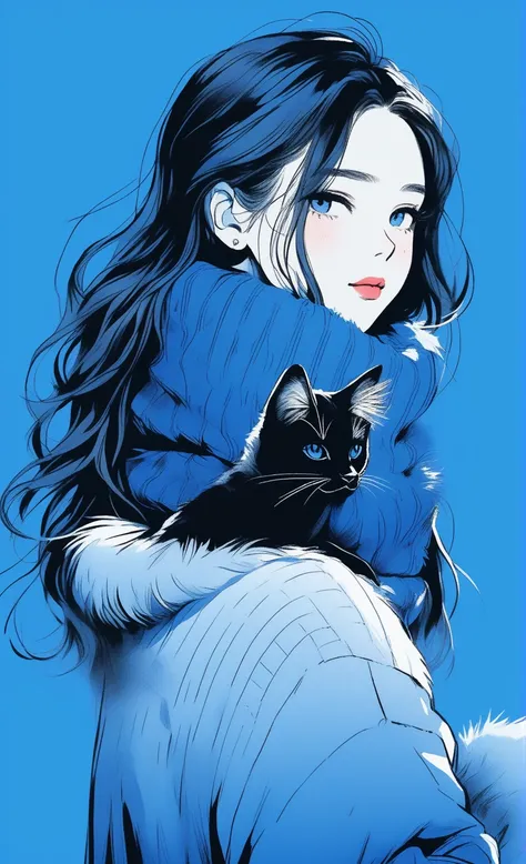 illustrator, cheered up , realist ,Sketch , 1 girl, ,lip, sweater,order, Blue gradient background, black fur,textured edge, Canadian, (masterpiece,Best Quality) ganyou