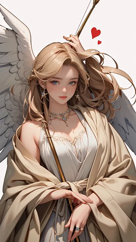 ((masterpiece, Highest quality, High resolution)), ((Highly detailed CG integrated 8K wallpaper)), Cupid with a bow, Arrow with heart-shaped tip, Target your audience, whole body, A thin, flowing robe that wraps around the body, Angel Wings, Angel Ring, A ...