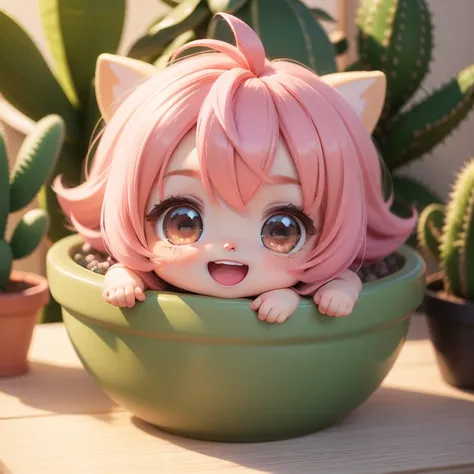 Cute Baby Chibi Anime,in  cactus potted,Super masterpiece,top-quality,ultra-detailliert,Chibi ,Cute potted plants ,A detailed face,Smile with open mouth,a big head,pink hair,Houseplant Nora（Chibi：1.4）,8ｋ