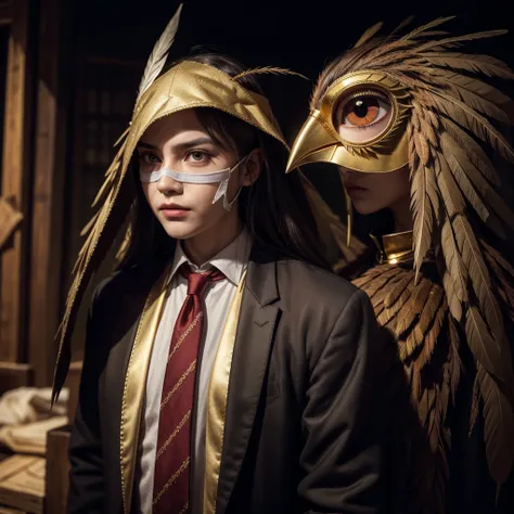 Wearing a mask with a pointed beak, handmade, so well sewn that you can see the ties made in gold, linseed cloth and feathers penetrate its extremities, large eyes with dark lenses with the tone of the night and at the same time red as wine..