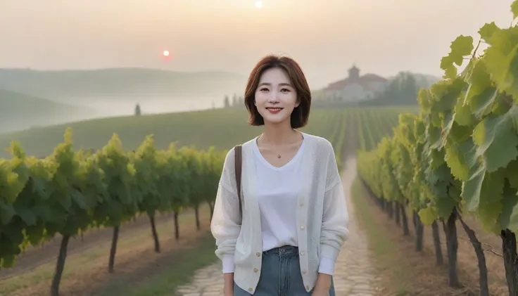 8k realistic, lifelike photo,, 36 year old Korean woman, Short in stature, pretty like a model. White shirt and short cardigan, casual pants, short medium hair, Smiley, Italy. vineyard, thick dawn fog. vineyard 멀리 짙은 안개 속으로 성당이 보인다. 1 woman, Short in statu...