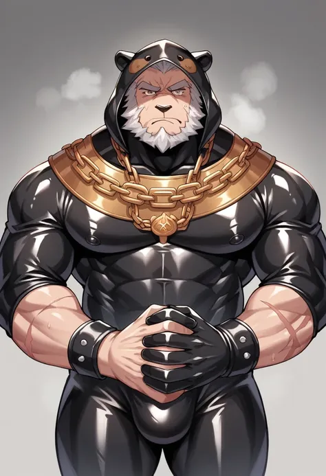 Old lion, personification, Mature male, Strong Man, Thick beard, Cold expression, grumpy, stern, Minimized pupils, Brown eyebrows, scars across right eye, Black tight rubber suit, black rubber boots, black rubber gloves, left hand holding a chain, right ha...