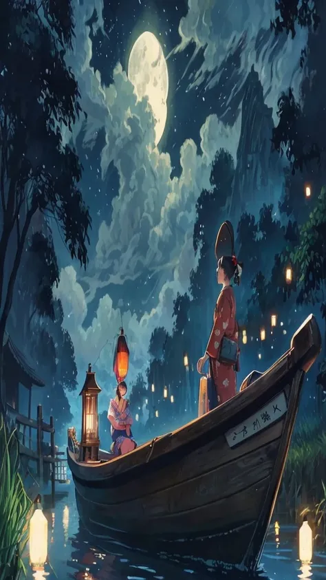 A ghibli style picture of a 3-year-old kimono girl sitting on an old wooden boat with a lantern hanging, Grandfather rowing a boat, watching fireflies in the canal at night, moonlight filtering through the clouds, soft moon light, in the canal starting fro...