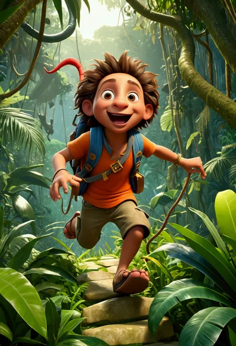 (Jungle Adventurer), in the style of playful cartoon illustration, realistic and hyper-detailed rendering, interactive media, realistic, detailed rendering, joyful chaos, full body, award-winning, cinematic still, emotional, vignette, dynamic, vivid, (mast...