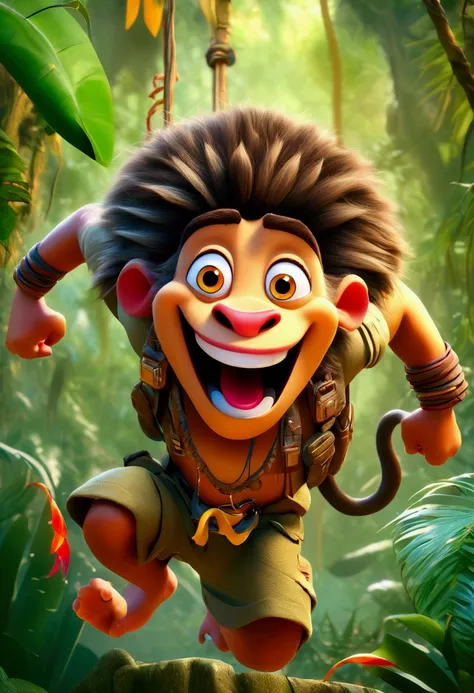 (Jungle Adventurer), in the style of playful cartoon illustration, realistic and hyper-detailed rendering, interactive media, realistic, detailed rendering, joyful chaos, full body, award-winning, cinematic still, emotional, vignette, dynamic, vivid, (mast...