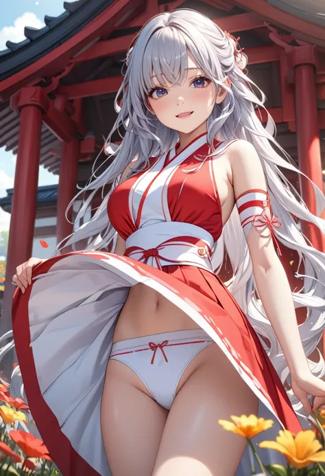 , ultra detailed, hyper detailed, best quality, highres, 4K, master piece, field of flowers, , looking at viewer, puzzled, happy,   , shy, silver hair, very long hair, wave hair, gradient hair, tall, slender, beautiful breasts, shrine maiden outfit ,red sk...