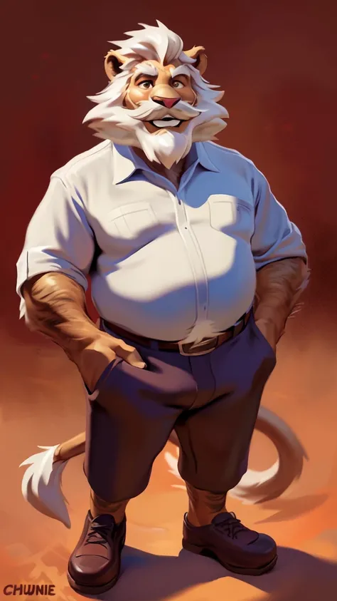 by chunie by catsudon by retros, male,ridiculuous,((mature,mature male)),((Bearded,mustache)),dad bod, felid, solo, Lion,(white hair), facial hair, facing viewer,((full body shot)),((highly detailed face)), (((Grandpa Figure))), ((smilling)), red and orang...