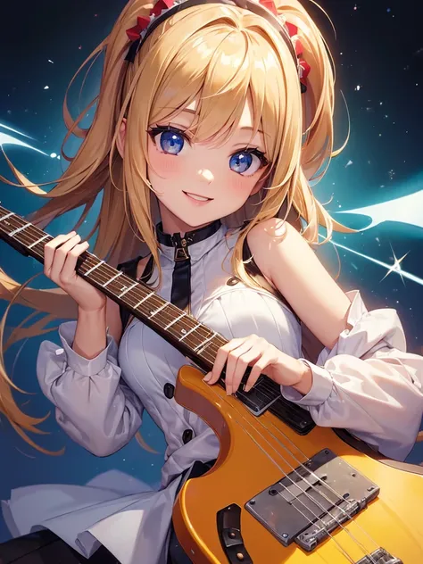 (masterpiece:1.5),(Beat quality),(high res),1girl solo,beautiful face,smile(shining eyes),upper body,light effects,Rock Women,Electric guitar