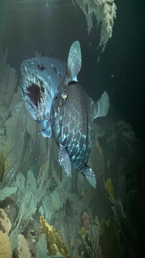 Fish swimming in the water, deep sea fish, Galper eel, Deep Sea Photography, Underwater sea monster, Deep Sea Creatures, Incredibly detailed Atlantic cod, Courtesy Mbari, Courtesy of Mbari, Giant Sea Creatures Group, Scary fish, View from below, The photo ...