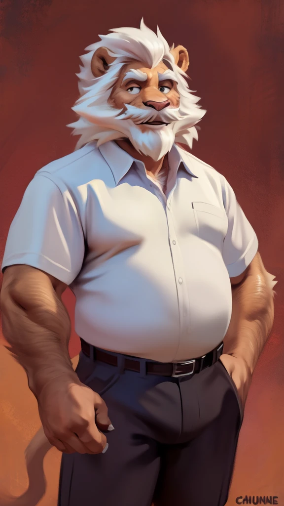 by chunie by catsudon by retros, male,ridiculuous,((mature,mature male)),((Bearded,mustache)),dad bod, felid, solo, Lion,(white hair), facial hair, facing viewer,((full body shot)),((highly detailed face)), (((Grandpa Figure))), ((smilling)), red and orang...