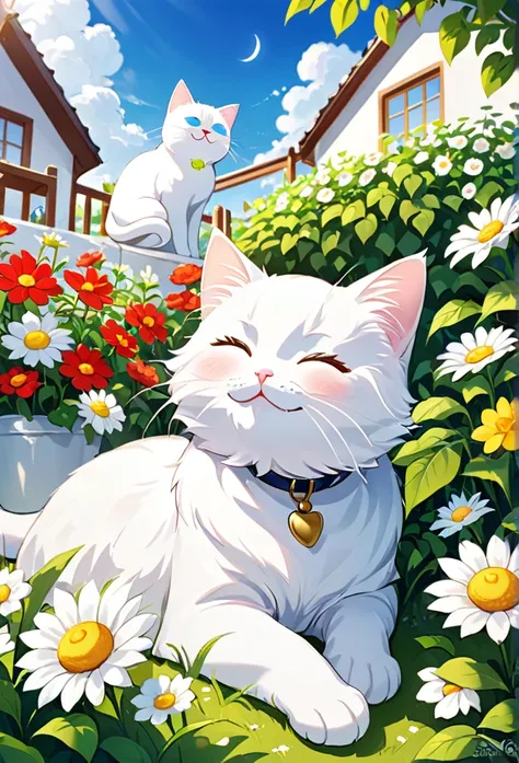 A cute white cat surrounded by a warm family、A scene where Milk is relaxing in the garden。Under the blue sky、Milk looks happy as she plays in the flower-filled garden.、Enjoying a nap。The family watches with smiles、Please draw a happy moment for Milk.。