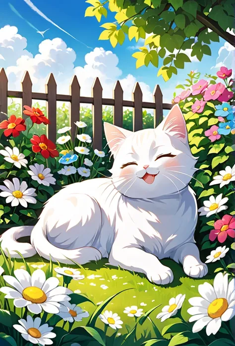 a cute white cat surrounded by a warm family、a scene where milk is relaxing in the garden。under the blue sky、milk looks happy as...