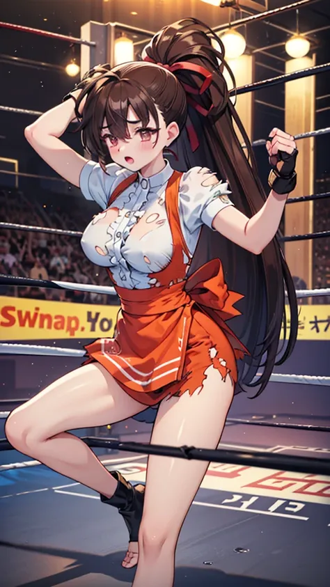 Highest quality，masterpiece，lean back，sleep，(レスリングのリングにlean back, WWE Divas，Wrestling Arena，Wrestling ring background, Boxing ring background), Facing forward, Lack of stamina, Ryona, Hitting a girl, death is near，タケユカ 超ロングヘア ヘアribbon, Frilled shirt, Under...