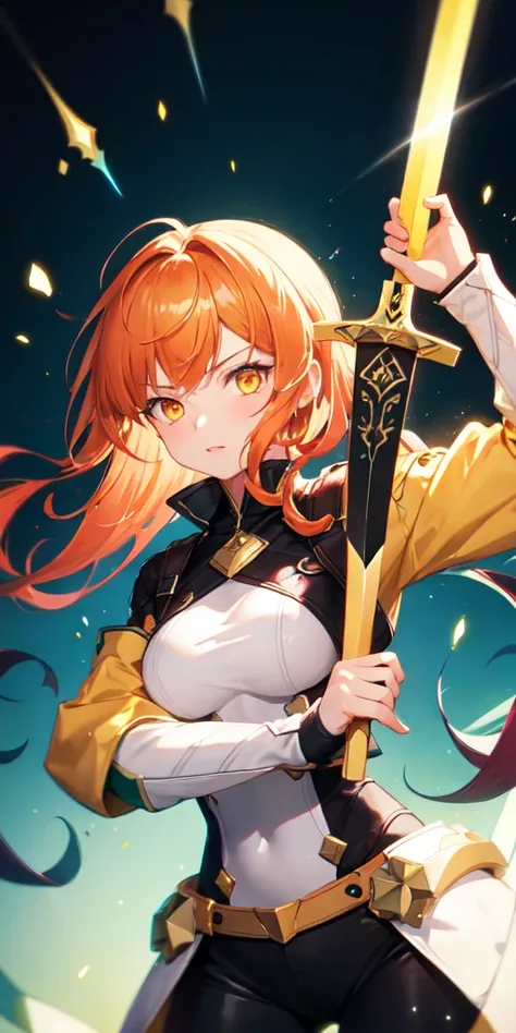 colorful, 1girl, orange hair, yellow eyes, dual wielding, sword, holding sword, green gale, glow, glowing weapon, light particles, wallpaper, chromatic aberration,