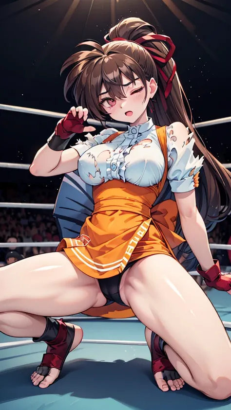 Highest quality，masterpiece，lean back，sleep，(レスリングのリングにlean back, WWE Divas，Wrestling Arena，Wrestling ring background, Boxing ring background), Facing forward, Lack of stamina, Ryona, Hitting a girl, death is near，タケユカ 超ロングヘア ヘアribbon, Frilled shirt, Under...