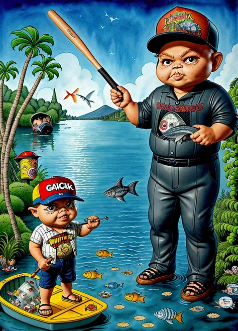 Frank the fisherman catching a big fish , bat in left hand, ((garbage pail kids style)), on a small boat in the water, wide angle, cartoon, high quality, watercolor, detailed, full body