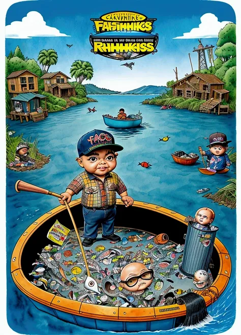 Frank the fisherman catching a big fish , bat in left hand, ((garbage pail kids style)), on a small boat in the water, wide angle, cartoon, high quality, watercolor, detailed, full body