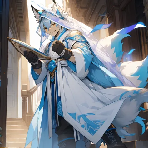 Nine-tailed white fox orc，White hair with light blue and lavender hair，masterpiece，White robe，180，20 years old，Black boots，Wearing gloves on hands，Wearing a veil on the head，Elegant gentleman，Coming down the stairs，Kind smile，Holding a closed folding fan。