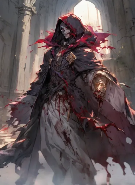 male warlock dnd, undead body, wearing a bloodstained hood cloak with a blood 