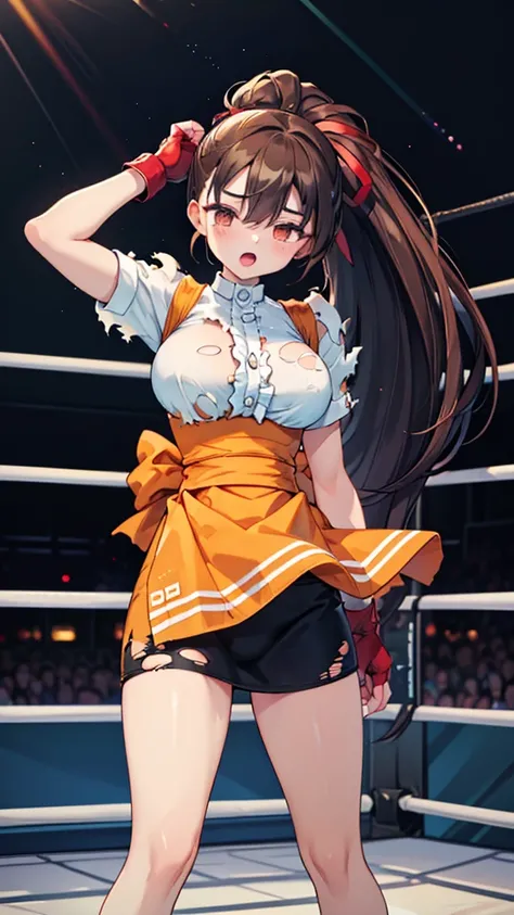 Highest quality，masterpiece，lean back，sleep，(レスリングのリングにlean back, WWE Divas，Wrestling Arena，Wrestling ring background, Boxing ring background), Facing forward, Lack of stamina, Ryona, Hitting a girl, death is near，タケユカ 超ロングヘア ヘアribbon, Frilled shirt, Under...