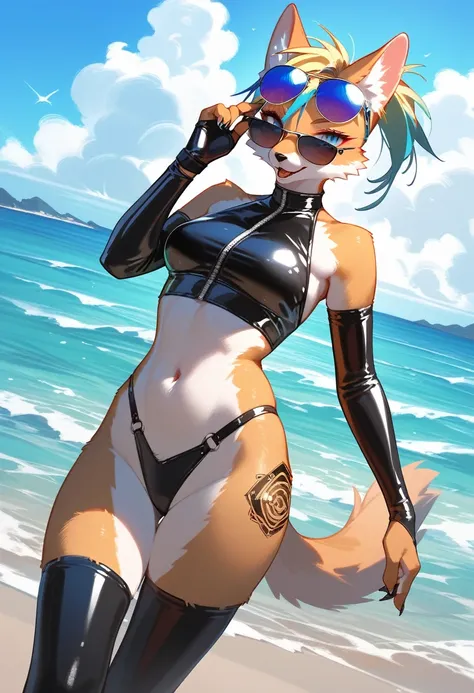 Highest quality, Highest quality, High quality illustrations, masterpiece, Ultra-high resolution, Detailed Background, beach, Absurd, Perfect Anatomy, performance, Good lighting, Shadows in the movies(kemono, Furry Personifi猫ion), latex, neon, neonカラー, cyb...