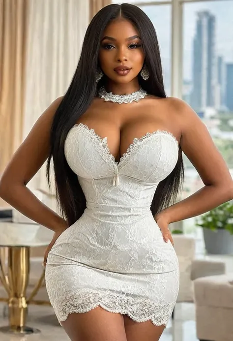 (best high quality:1.5), work of art, (8k), extremely detailed, (High details:1.4), Solo, ((HotLexi)), Angolan girl with 24 years old, (tight short sexy lace dress strapless), (pretty perfect model square defined face:1.4), ((body of a perfect hourglass-sh...