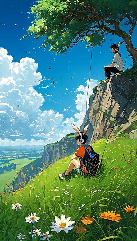 a boy sitting under a tree near a cliff in a meadow , seeing a vast blue sky with fluffy clouds and brush strokes , tall grasses stones, , makoto shinkai cyril rolando, anime art wallpaper 4k, anime art wallpaper 4k, animated background, anime art wallpape...