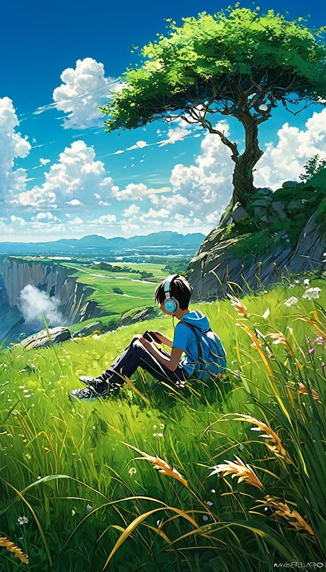 a boy sitting under a tree near a cliff in a meadow , seeing a vast blue sky with fluffy clouds and brush strokes , tall grasses stones, , makoto shinkai cyril rolando, anime art wallpaper 4k, anime art wallpaper 4k, animated background, anime art wallpape...