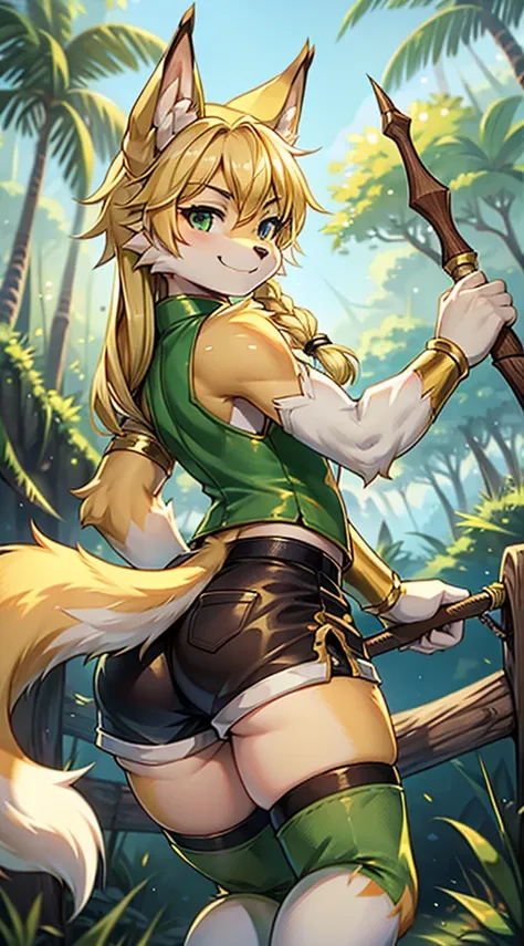 wolf boy，wolf-eared boy，archer boy，smile，cute，tail，狼tail，金色tail，hunter junior，furry，furry，hairy，blonde hair all over，golden fur，...