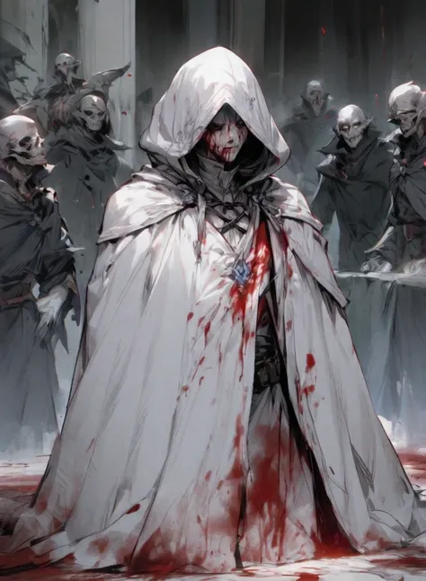 male warlock dnd, undead body, wearing a bloodstained white hood cloak with a blood 