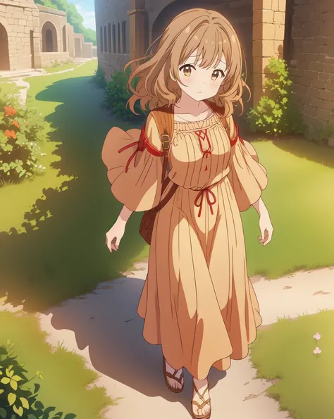 1girl,(anime coloring:1.2), best quality, looking at viewer, short wavy hair, chestnut hair, feminine,(solid Maxi dress), (Light brown color Short sleeve Maxi dress:1.3),Medieval Europe,Ancient Village,((Fantasy))