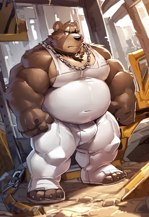 ben,chain necklace,bear,brown fur,animal ears,black eye,muscular male,furry,muscular,stomach,belly,scar,white clothing,white tank top,white legwear,neutral expression,[slightly chubby, musclegut],dominant male,full-length portrait,hand on head,being watche...