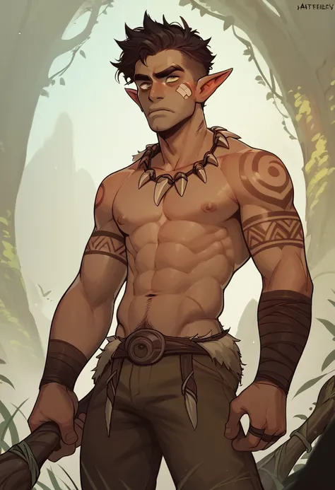 score_9, score_8_up, score_7_up, score_6_up, score_5_up, score_4_up, 1boy, Yone, League of Legends, hrstlxks style ,elf Male, black Messy hair ,tribal tattoos  ,Pants ,solo , Bandage armwear, dad vides ,