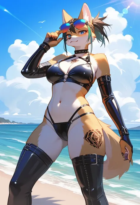 Highest quality, Highest quality, High quality illustrations, masterpiece, Ultra-high resolution, Detailed Background, beach, Absurd, Perfect Anatomy, performance, Good lighting, Shadows in the movies(kemono, Furry Personifi猫ion), latex, neon, neonカラー, cyb...