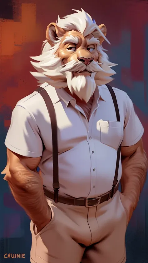 by chunie by catsudon by retros, male,ridiculuous,((mature,mature male)),((Bearded,mustache)), felid, solo, Lion,(white hair), facial hair, facing viewer, ((Highly detailed face)), (((Grandpa Figure))), ((smilling)), red and orange abstract background, ((w...