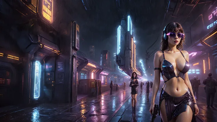 (((aerial view))), Blade Runner style futuristic railway platform, hi-tech train, neon lights, rainy night. (1girl, solo, alone), large-breast:1.2 slim body, cleavage:1.1, sexy wind blowing wet dress:1.4, headphone, (black sunglasses), (((she raised a pist...