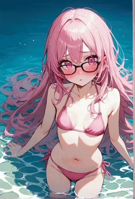 pink hair, black glasses, pink eyes, extremely blushing, having very small breasts, wearing a pink bikini, being a reserved girl, who is in the sea