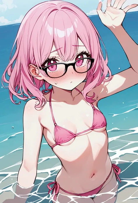 pink hair, black glasses, pink eyes, extremely blushing, having very small breasts, wearing a pink bikini, being a reserved girl, who is in the sea