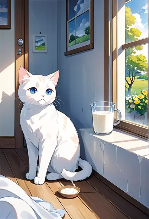 White cat Milk、A scene of someone who is weak due to illness。Visit a veterinarian、Milk is surrounded by a worried family.、He has a depressed look。In the room、Please draw Milk gazing blankly at the scenery outside the window.。