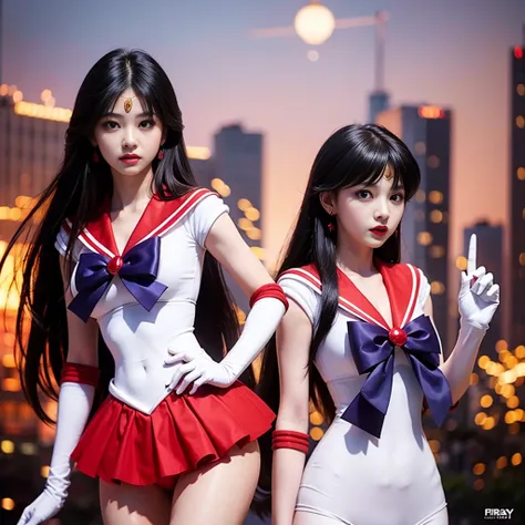 1 girl,long hair, (high quality,8K,black hair, realistic, high quality,masterpiece,Super detailed,organized)1.5,((Summer 1, tiara, Sailor Mars Uniform, white gloves, Red sailor collar, red skirt)),City of night,white gloves,purple ribbon,purple eye, (magic...