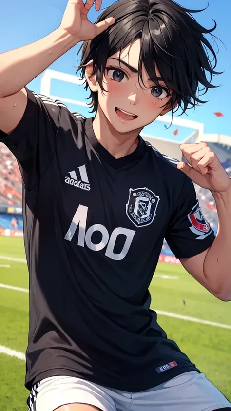 Young male football player with black hair, black eyes, he is celebrating, he is a football player for Manchester United.