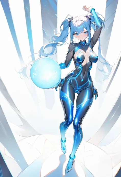 Blue Star,Twin tails,Top view,Standing on a white floor,Blue light pattern,See-through bodysuit,A bodysuit with an open chest and exposed skin,Shiny bodysuit,sexy,Big blue light bracelet,Big blue light anklet,Blue light accessories that dig into your thigh...